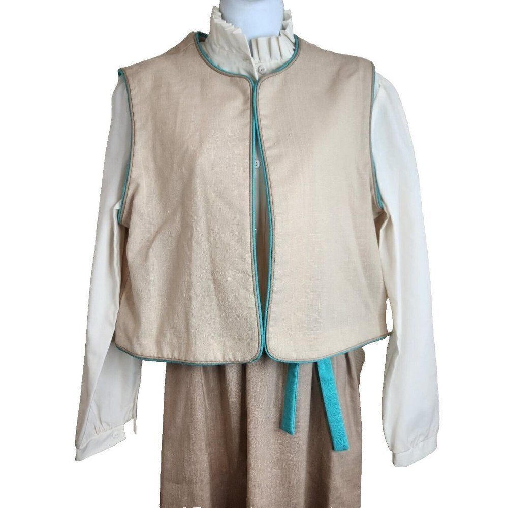 Vintage Malouf of Dallas 70s Womens Size L Shirt Dress Vest Set Beige Blue NEW